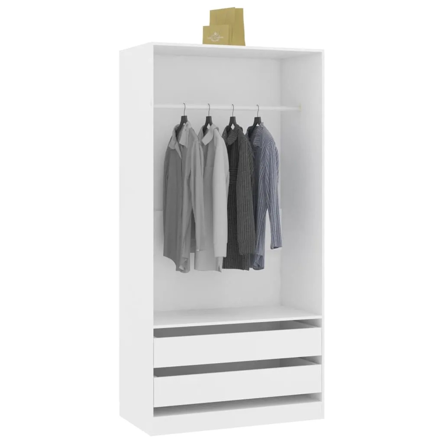 Weißer Kleiderschrank (100x50x200 cm) mit Schubladen und Kleiderstange.