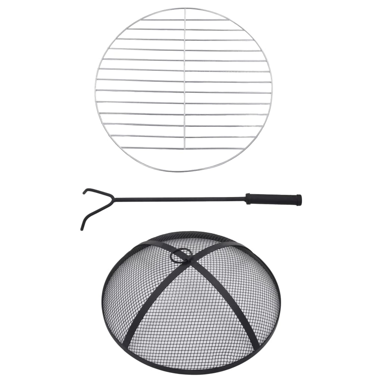 Zubehör für vidaXL Feuertisch: Grillrost, Schürhaken und Funkenschutzhaube.