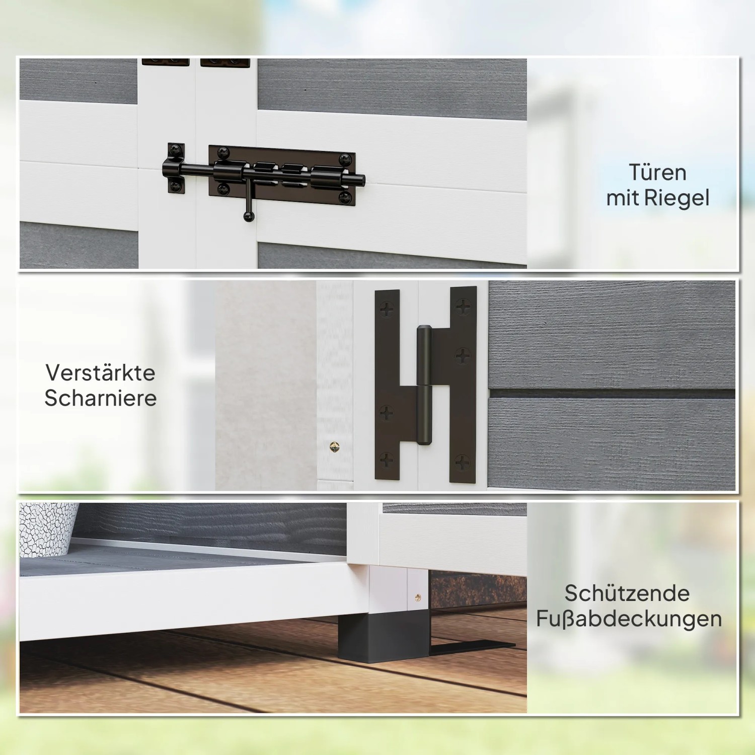 Details des Outsunny Gartenschranks: Riegel, Scharniere und Fußabdeckungen des Werkzeugschranks.