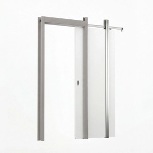 Schiebetür-Set PurePocket mit Holztür, zargenlos, grau, 211x86 cm. In der Wand laufende Tür.