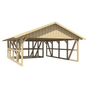 Skan Holz Carport Schwarzwald mit Dachschalung und Abstellraum, naturbelassenes Holz.