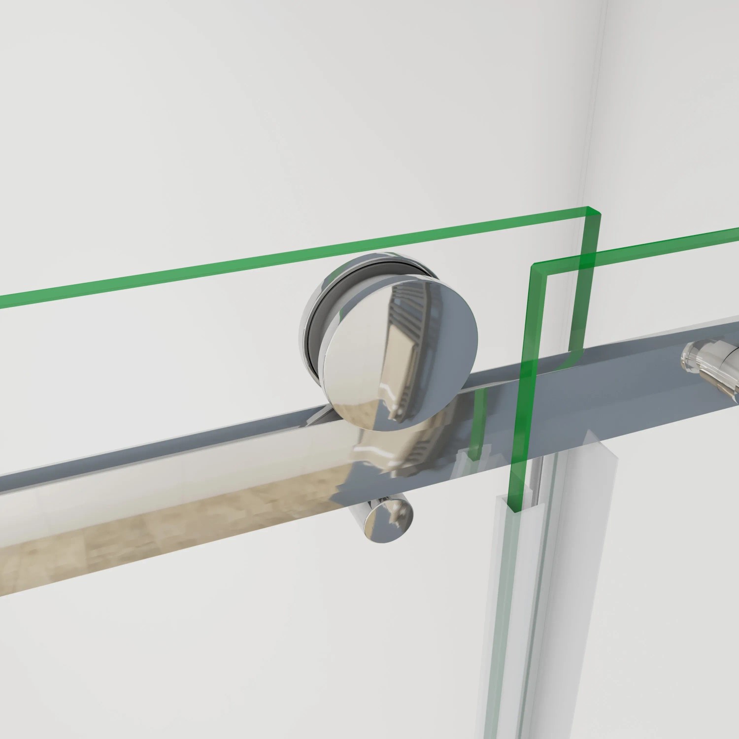 Detailaufnahme: Schiebetür-Duschkabine mit Chrom-Rahmen und Rollen-System.