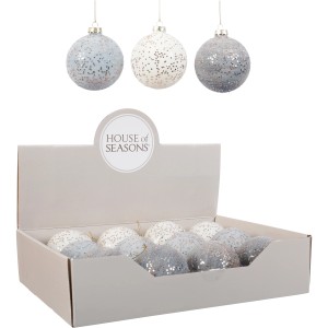 Weihnachtskugeln: Glas-Kugeln in Weiß, Hell- und Dunkelblau mit Glitzer, Ø 8 cm.