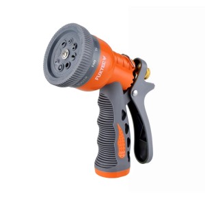 FUXTEC Multifunktionsbrause, orange-grau, mit gummiertem Griff und 8 Sprühfunktionen für Gartenschläuche.