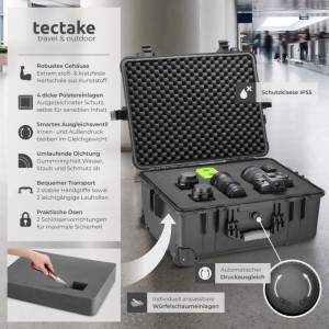 Tectake Kamerakoffer mit Rollen, Hartschale, Schaumstoffeinlagen für Aufbewahrung und sicheren Transport.
