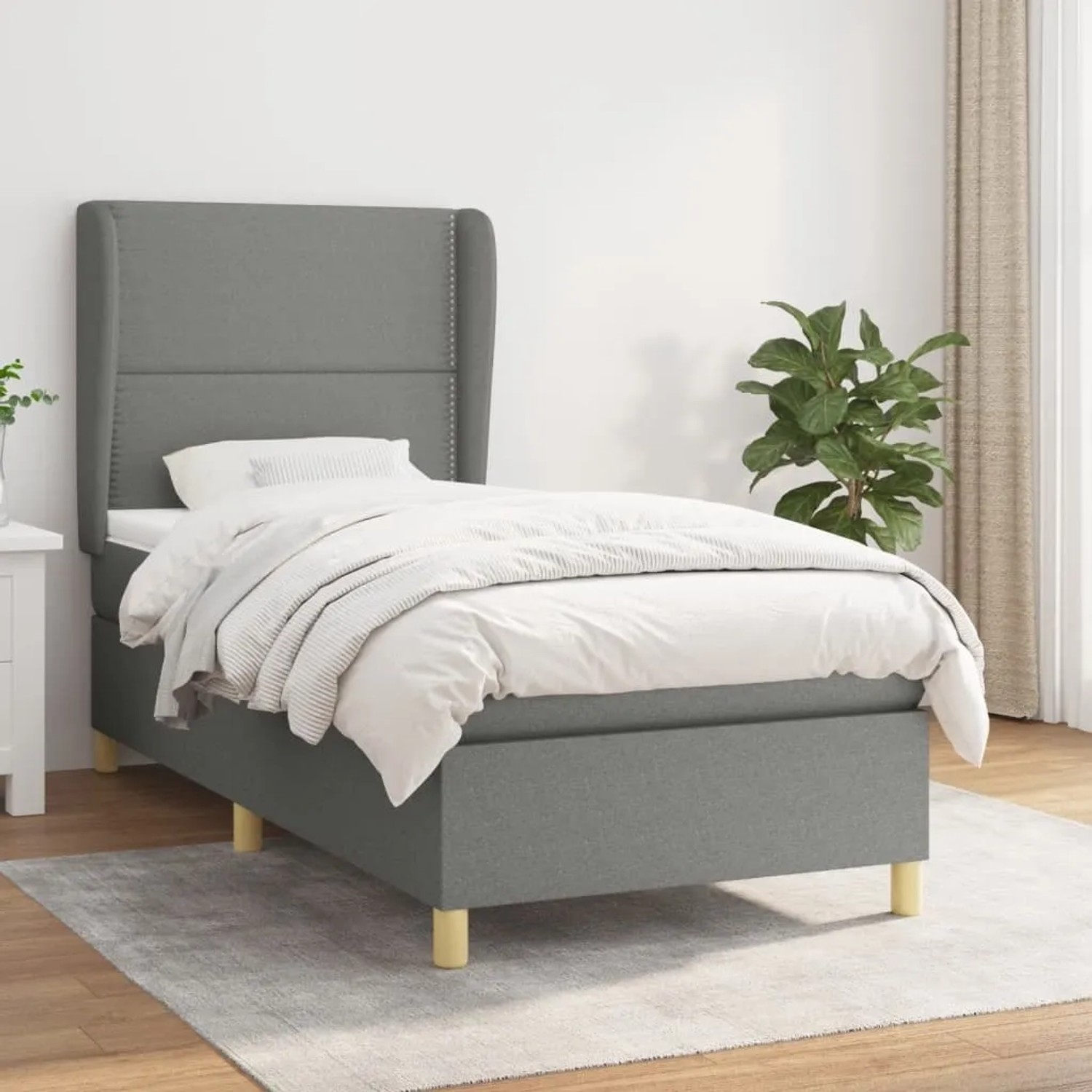Dunkelgraues vidaXL Boxspringbett 90x190 cm mit Matratze und Stoffbezug.