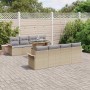 Beiges 9-tlg. vidaXL Garten-Sofa-Set aus Poly Rattan mit Kissen und Tisch mit Glasplatte.