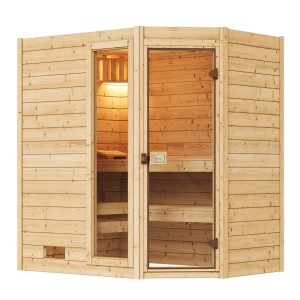 Weka Massivholzsauna Valida Eck mit Glastür und Fenster, naturbelassenes Fichtenholz.