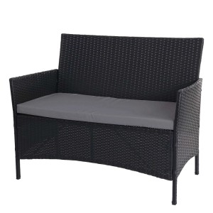 Anthrazitfarbene Poly-Rattan Gartenbank Hamar mit Armlehnen und grauem Sitzkissen. Robustes Flechtwerk für den Außenbereich.