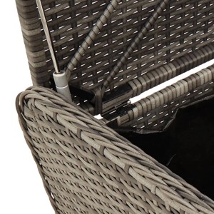 Detailaufnahme: Graue vidaXL Gartenbank mit Stauraum aus Rattan, Deckel geöffnet.