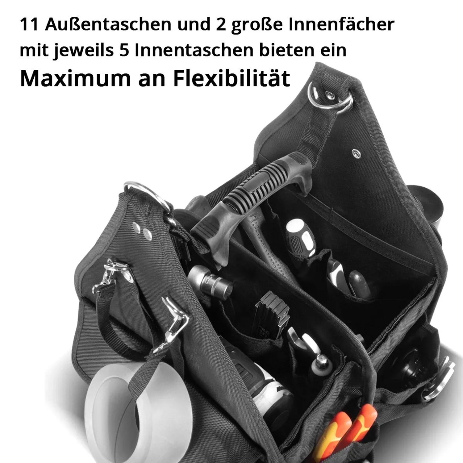 STAHLWERK Werkzeugtasche mit Werkzeug, 11 Außentaschen und 2 Innenfächern.