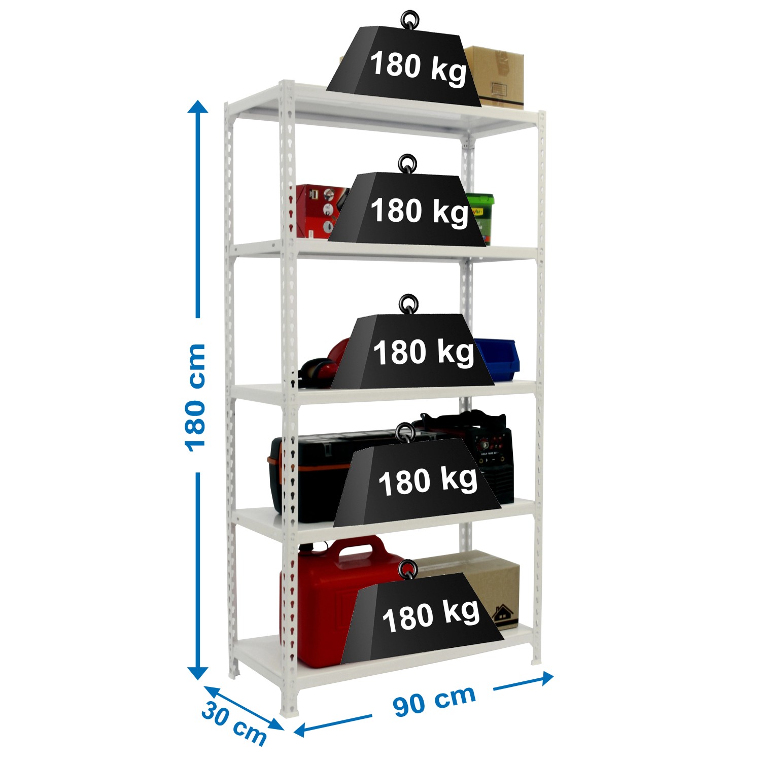 Weißes PROREGAL Schwerlastregal Metal Shark, 180x90x30 cm, mit fünf Fächern und Beladung.