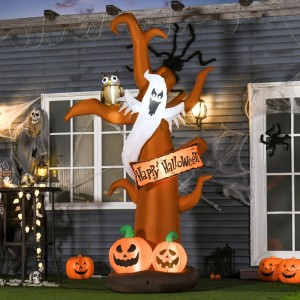 Aufblasbarer HOMCOM Halloween Baum mit Geist, Eule, Kürbissen und LED-Beleuchtung für den Garten.