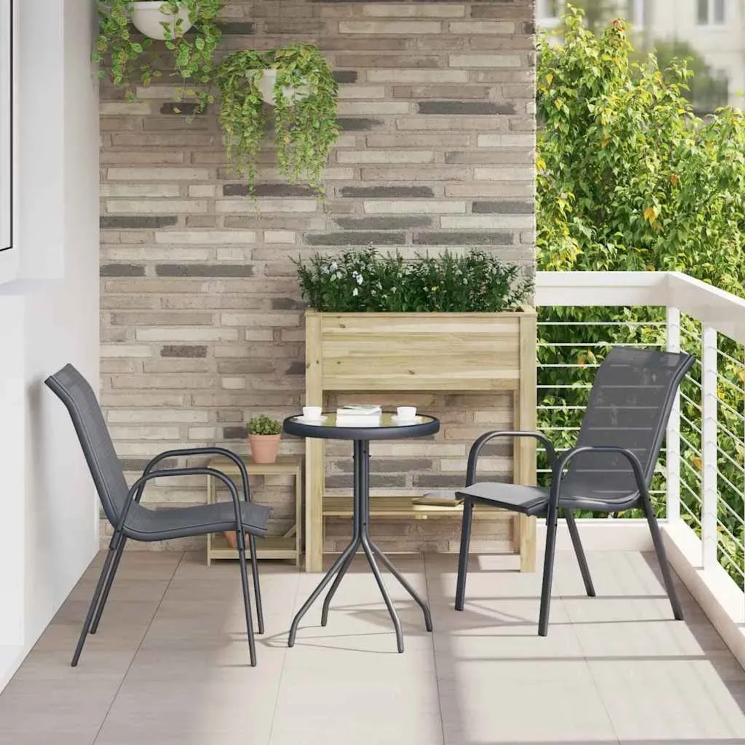 Graues 3-tlg. vidaXL Garten Bistro Set aus Stahl für Terrasse oder Balkon.