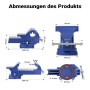 Wiltec Schraubstock Light Duty, blau, mit 100mm Klemmbacke und Amboss. Detaillierte Ansichten zeigen alle Produktabmessungen.