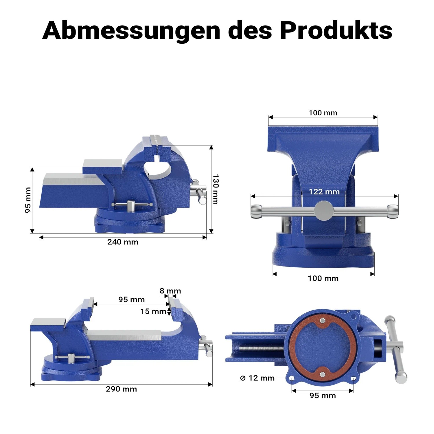 Wiltec Schraubstock Light Duty, blau, mit 100mm Klemmbacke und Amboss. Detaillierte Ansichten zeigen alle Produktabmessungen.
