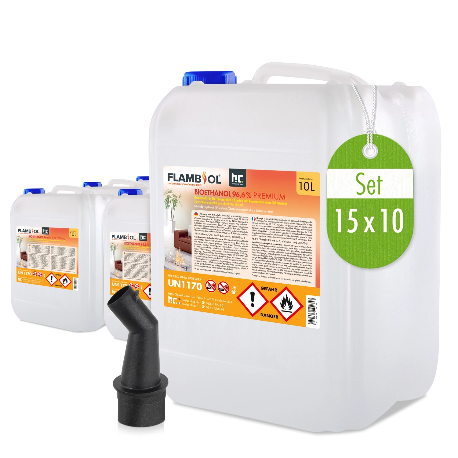 Flambiol Bioethanol 96,6% Premium für Ethanolkamin in Kanistern 15 x 10l