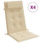 4 beige Hochlehner-Auflagen aus Oxford-Gewebe mit Kopfpolster. Komfortable Gartenstuhl-Sitzkissen.