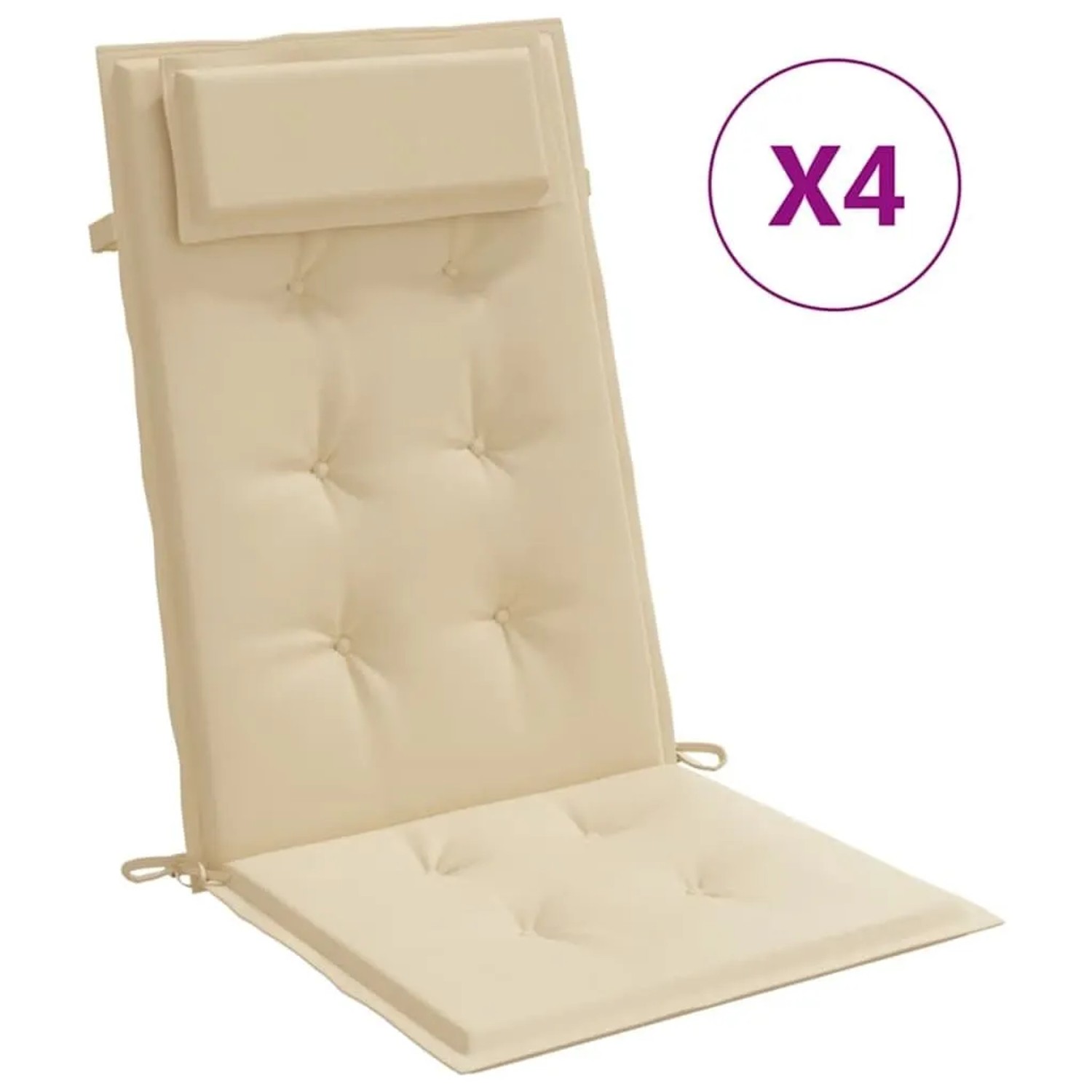 4 beige Hochlehner-Auflagen aus Oxford-Gewebe mit Kopfpolster. Komfortable Gartenstuhl-Sitzkissen.