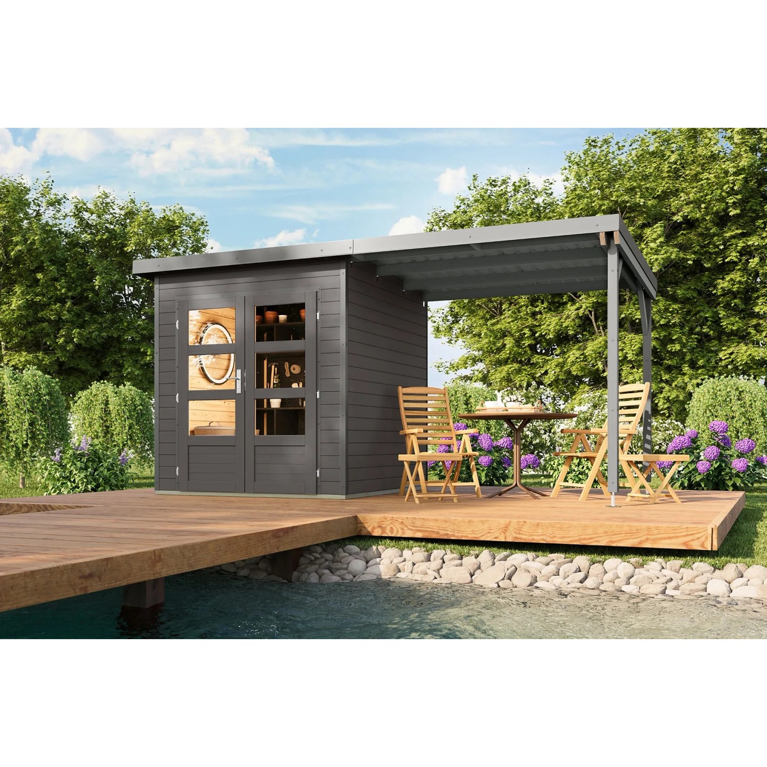 Karibu Gartenhaus Domingo 1 B mit Anbaudach 2,33 m Grau-Alu
