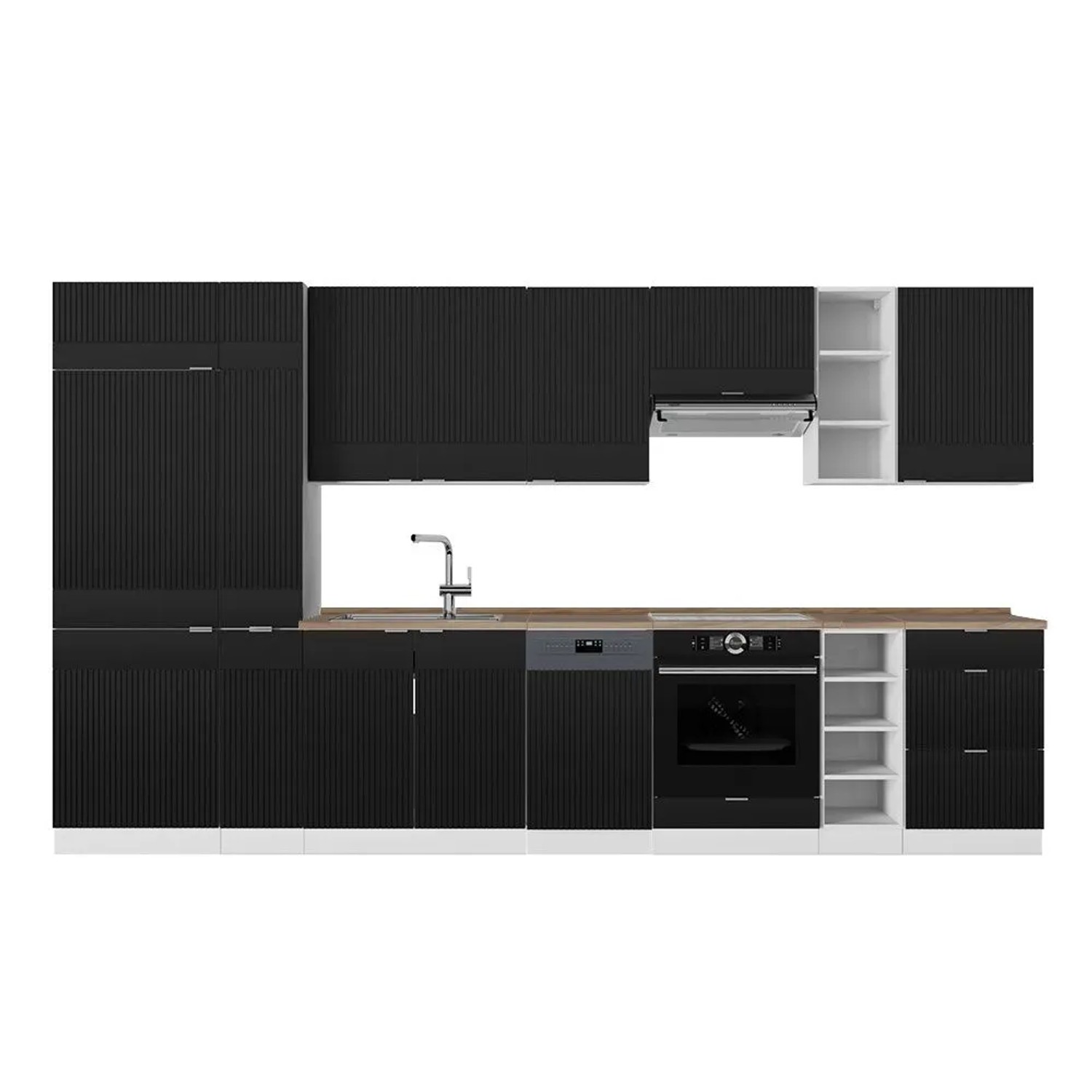Vicco Fame-Line Küchenzeile Schwarz Gestreift Weiß 355 cm AP Eiche ohne E-Geräte