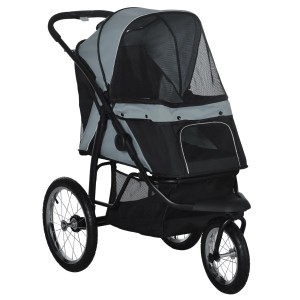 PawHut Hundebuggy, faltbarer Hundewagen mit Reflektoren in Grau und Schwarz.