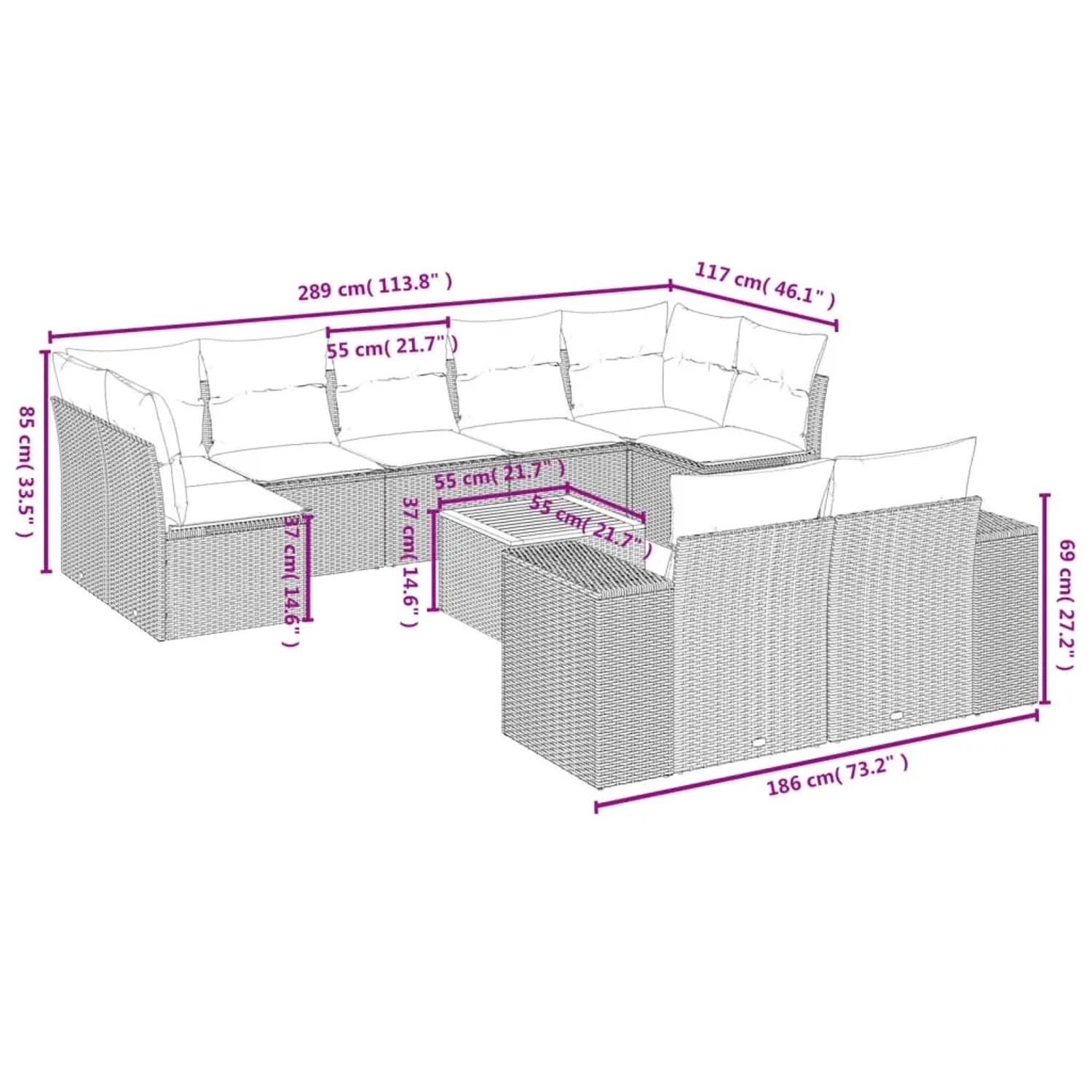 Beige 10-tlg. Garten-Sofagarnitur aus Polyrattan mit Kissen, Maße siehe Bild.