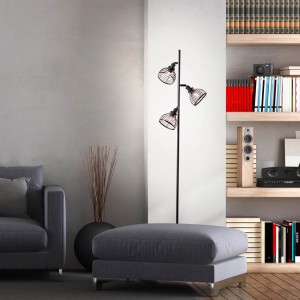 Schwarze Brilliant Stehleuchte Avia mit Holzdetails, drei Leuchten im Industriedesign.