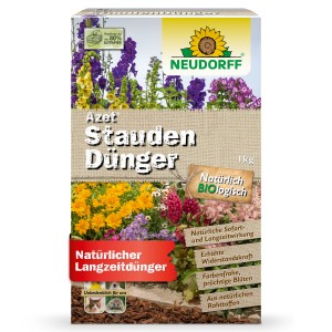 Neudorff Azet Stauden-Dünger 1 kg Packung für farbenfrohe Blüten und gesunde Pflanzen.