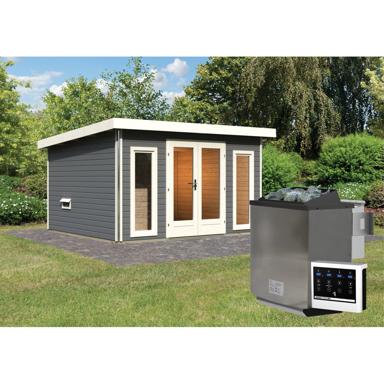 Karibu Saunahaus Magnus 2 Terragrau mit Ofen 9 kW Bio Ext. Strg. günstig online kaufen