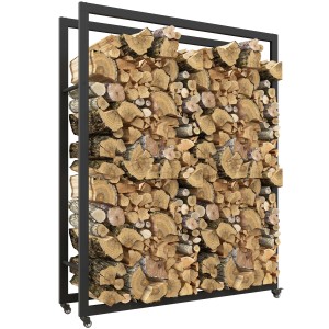Outsunny Kaminholzregal mit Rollen, schwarz, gefüllt mit Brennholz.
