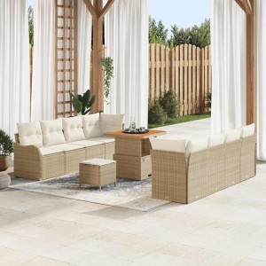 Beiges 11-teiliges Garten-Sofa-Set aus Rattan und Akazie mit Kissen.