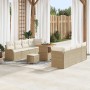 Beiges 11-teiliges Garten-Sofa-Set aus Rattan und Akazie mit Kissen.