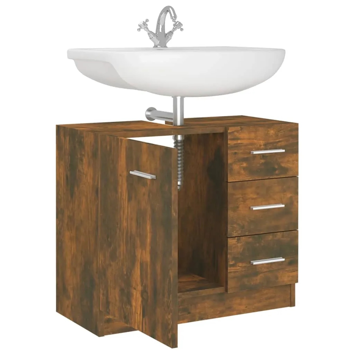 vidaXL Waschbeckenschrank in Räuchereiche mit Waschbecken, Tür und drei Schubladen.