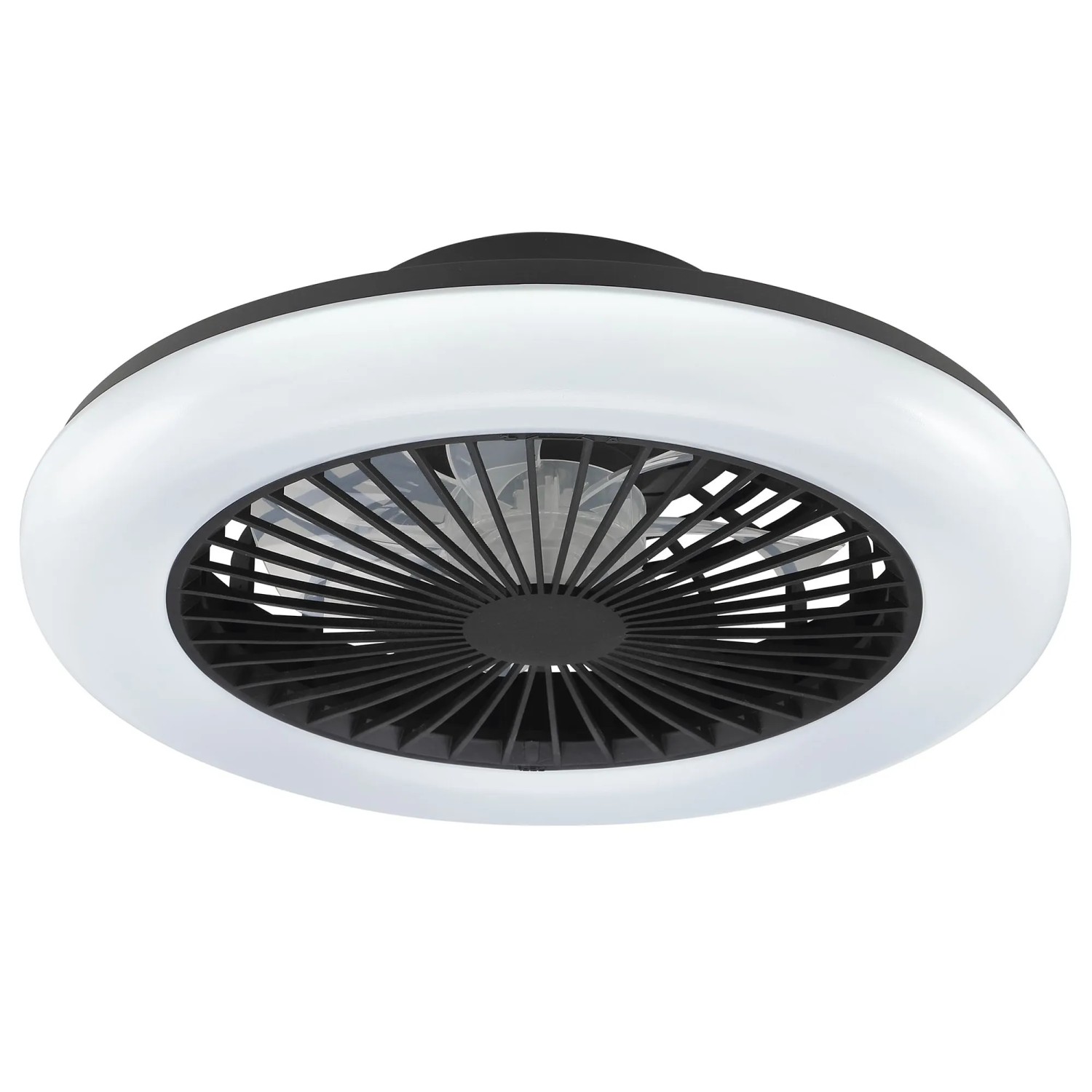 Schwarze LED-Deckenleuchte Montero mit Ventilator, Ø 42 cm. Moderne Deckenlampe mit einstellbarer Lichtfarbe.