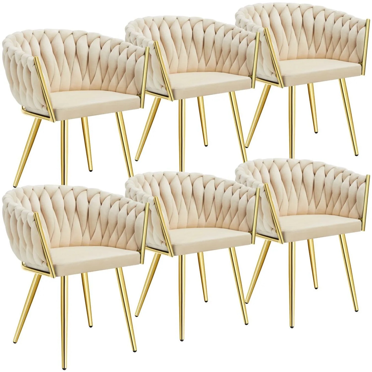 Tectake Set Esszimmerstuhl Astano Gepolstert  Mit Samtbezug  Knotendesign Durchgehende Lehne 6Er Set 55 x 60 50 x 75 cm Sandfarben Gold