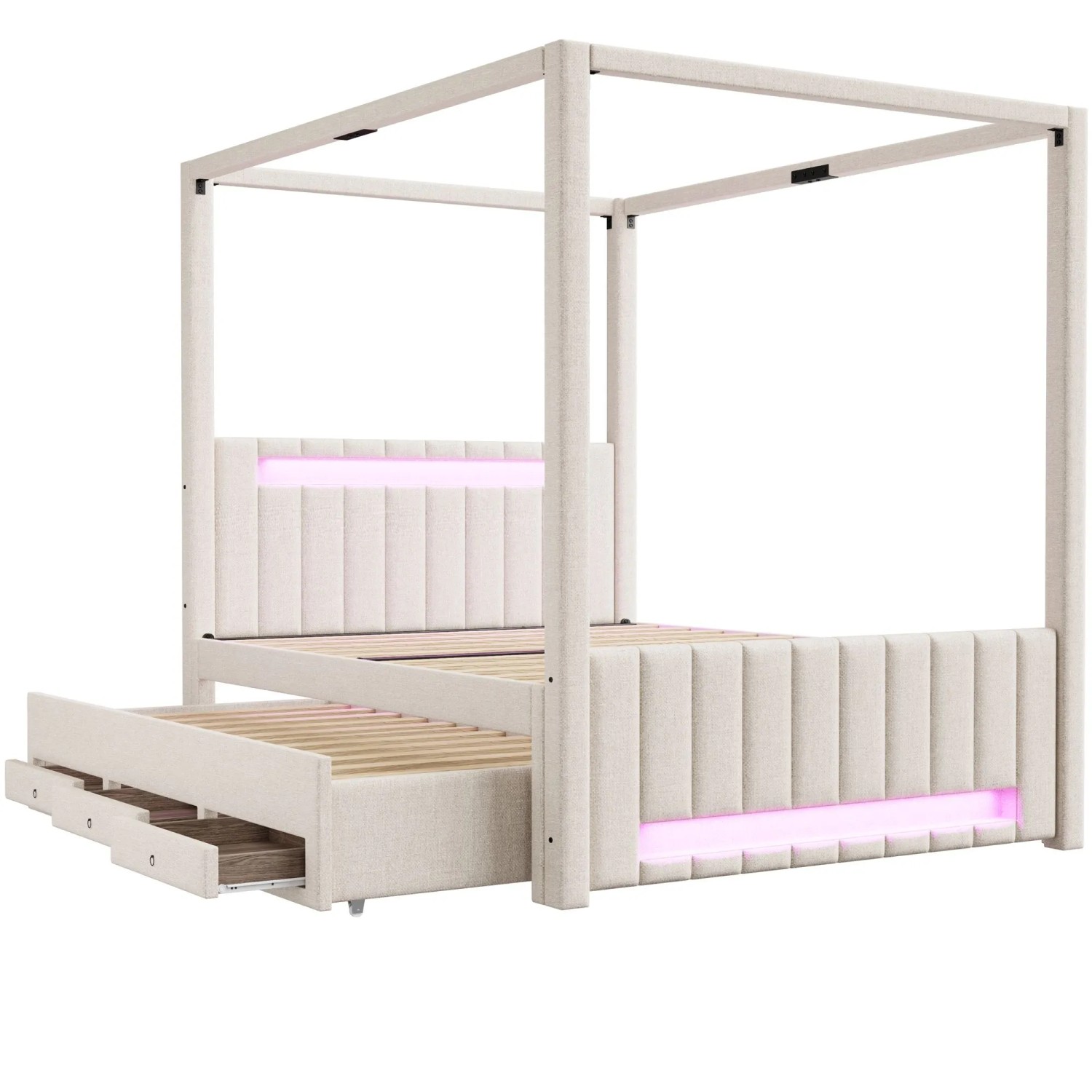 okwish Polsterbett 140x200cm mit Himmelbett Ausziehbett LED Licht Beige ohne Matratze
