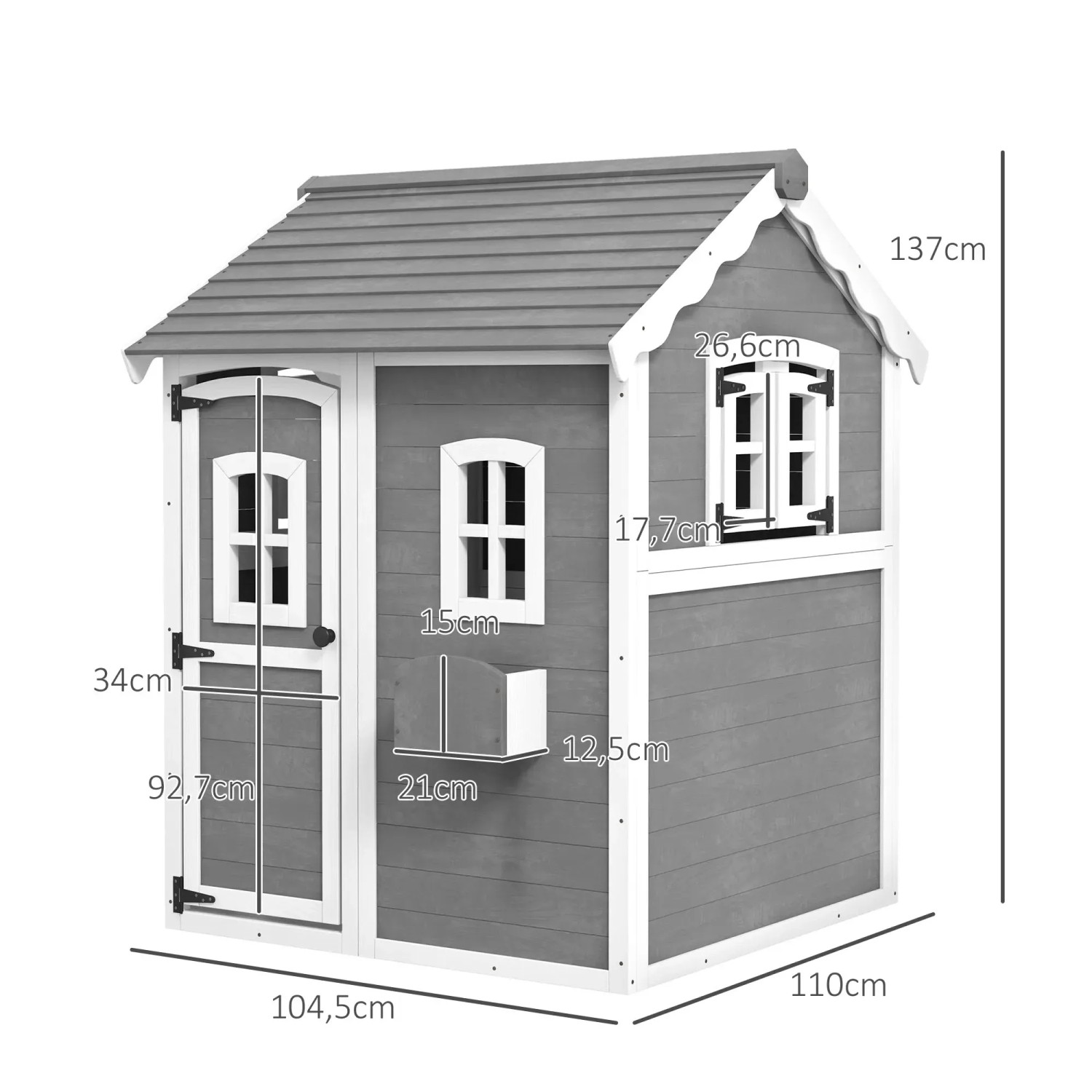 Graues Outsunny Kinderspielhaus aus Holz mit Tür, Fenstern und Pflanzkasten. Ideal für Spiel & Spaß im Garten.