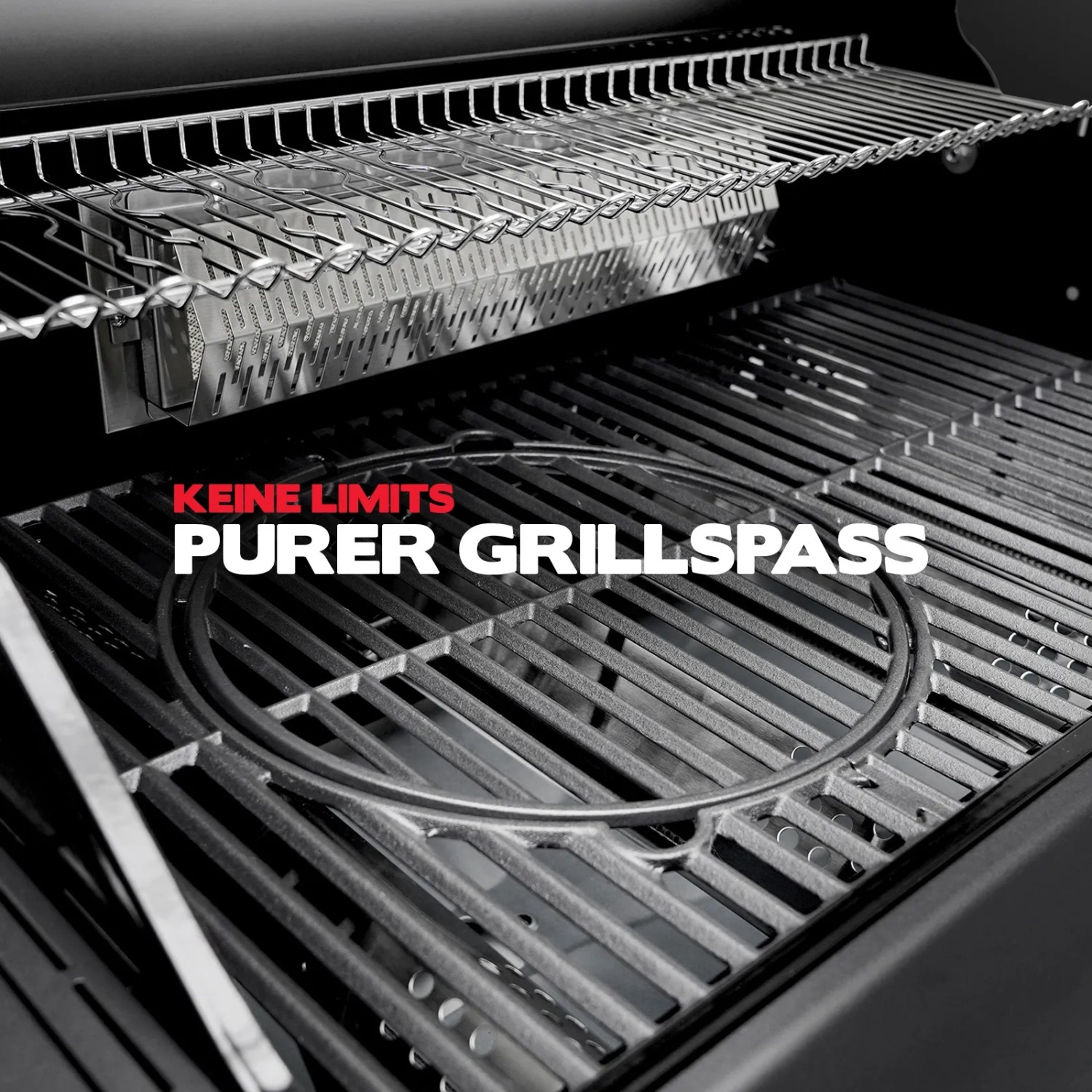 Detailaufnahme: Grillrost, Warmhalterost und Backburner des Taino Platinum Yamara Dark 4+2 Gasgrills.