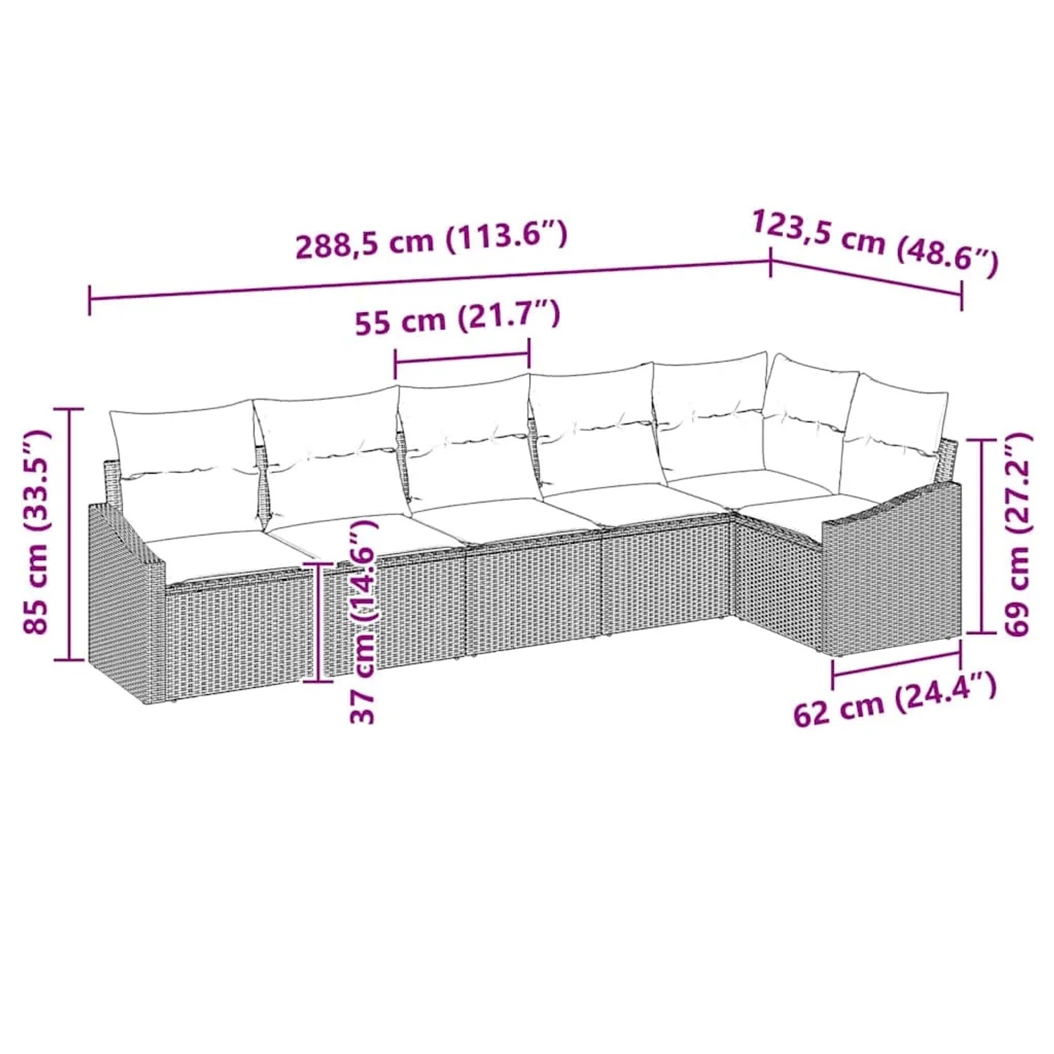 Beiges 6-teiliges Garten-Sofa-Set aus Polyrattan mit Maßangaben.