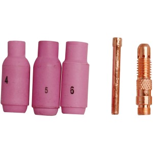 Güde WIG Düsensatz, 5-teilig: Keramikdüsen (4, 5, 6 mm), Stromdüse (1,6 mm), Spannzange (1,6 mm).