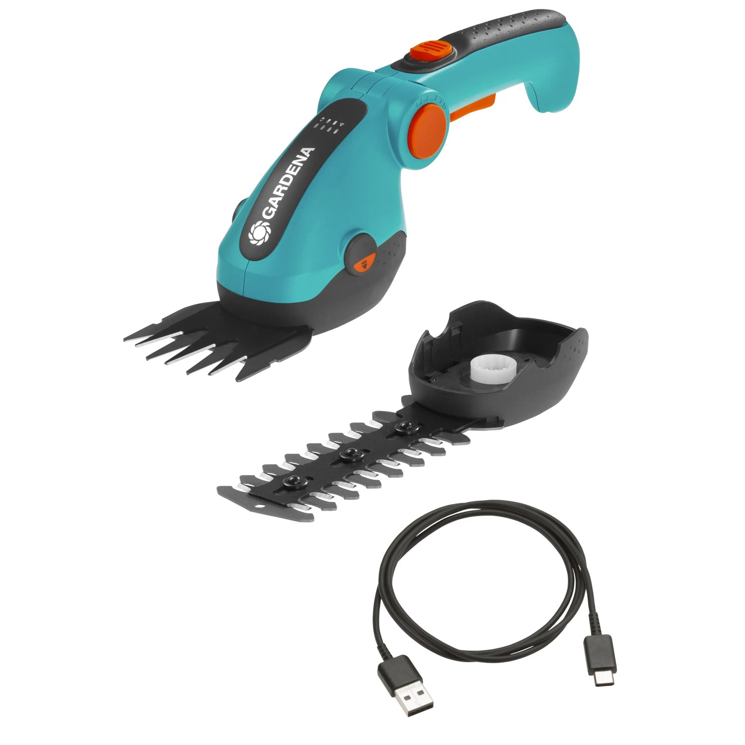 Gardena Akku-Gras- und Strauchschere ComfortCut Li Set mit USB-C Ladekabel.