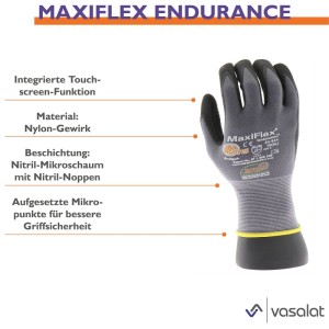 Grau-schwarzer Maxiflex Endurance Arbeitshandschuh mit Nitril-Mikroschaum und gelbem Bund für sicheren Griff.