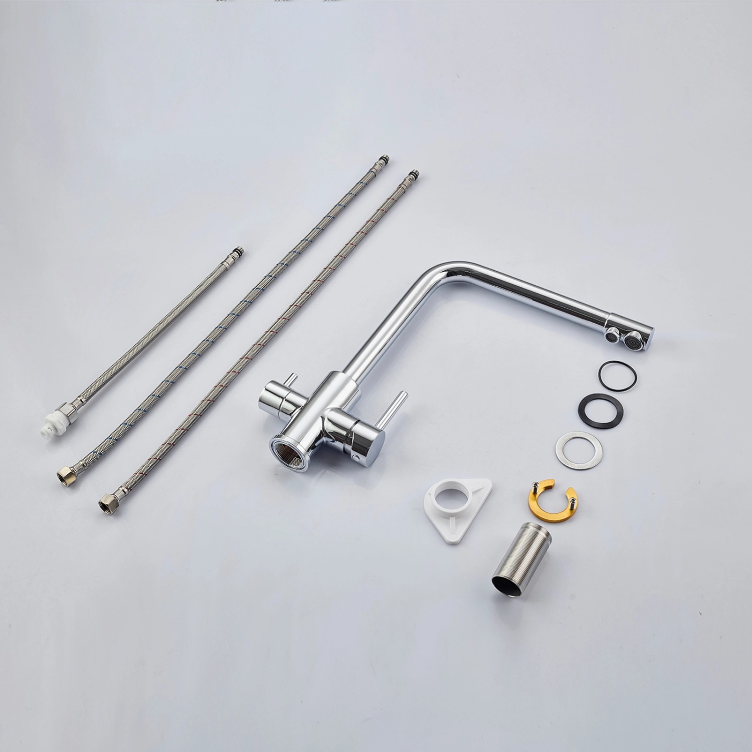 AICA Wasserhahn Chrom Küche Spültischarmatur 3-Wege mit Trinkwasserfilter 2-Hebel Design für Doppelspülen 360° Schwenkbar_2