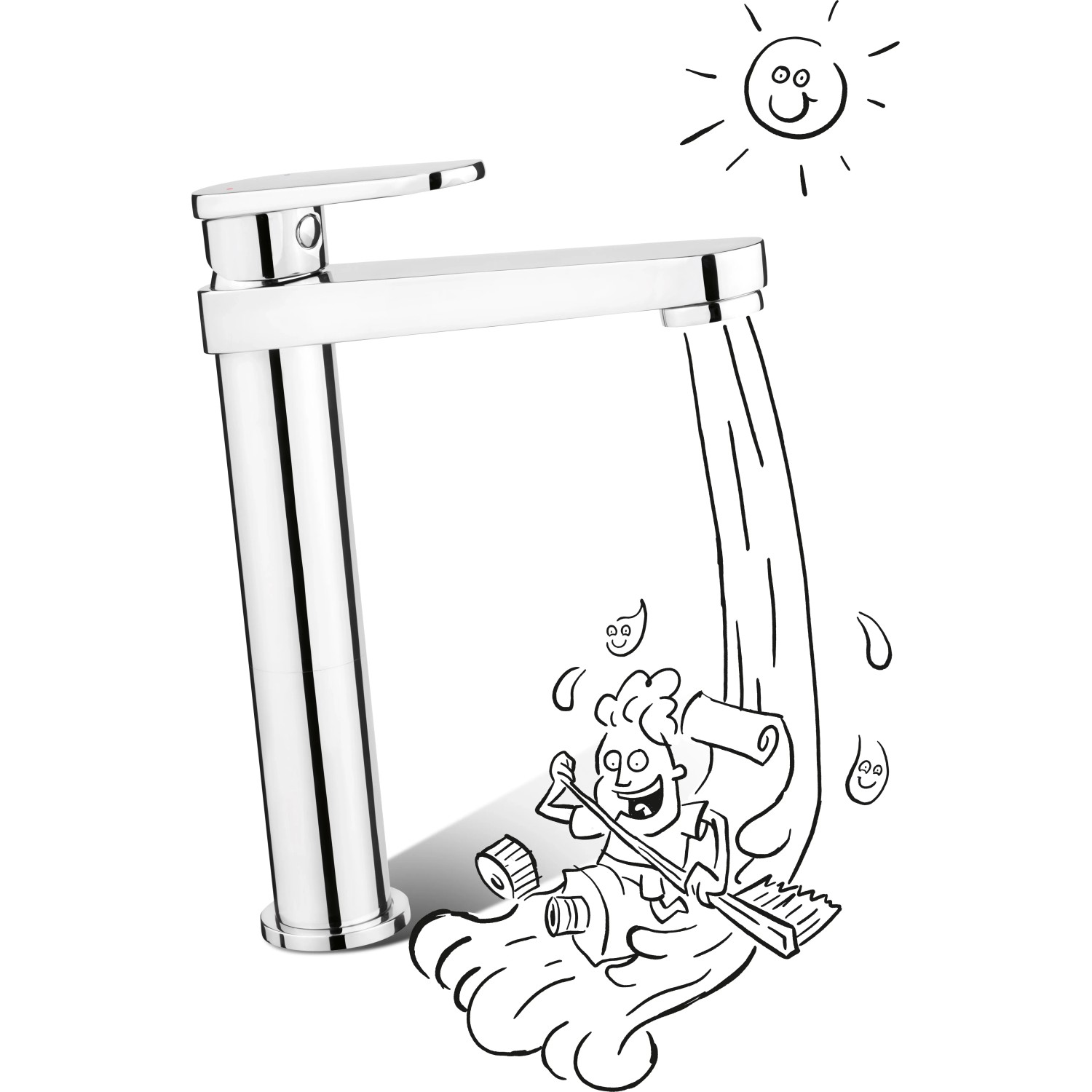 Moderne, hohe Waschtischarmatur WT-191 von baliv in Chromoptik mit stilisierter Wasseranimation.
