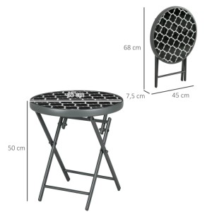 Schwarzer runder Outsunny Klapp-Beistelltisch aus Metall mit gemusterter Glasplatte, Ø45x50H cm, für Garten.