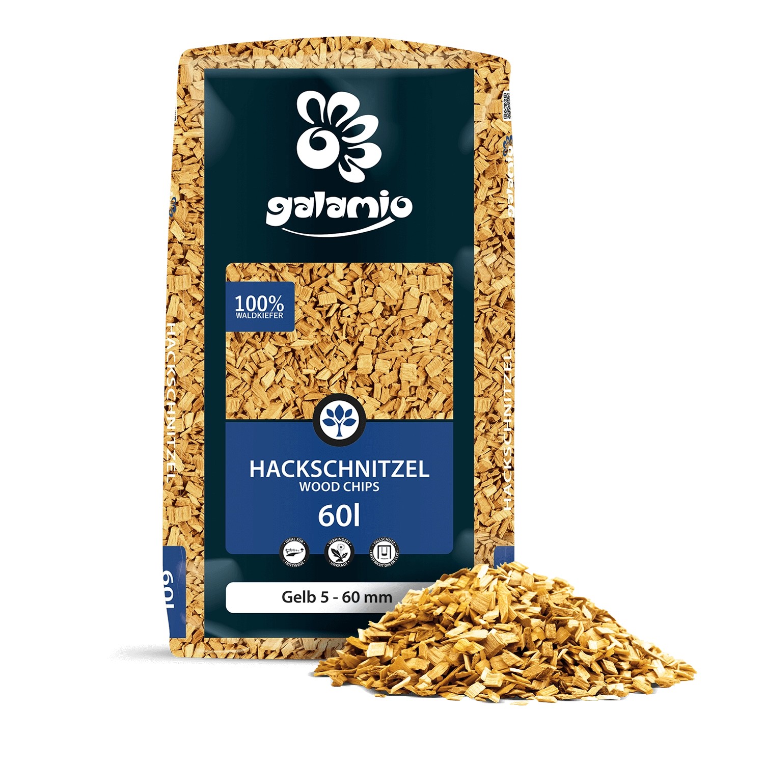 Galamio Holzhackschnitzel Gelb, 60l Sack, Dekormulch für Garten und Beet.