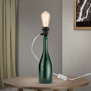 Flaschenlampe mit Orion Lightstyle Lampenfassung E27 transparent auf Holztisch.