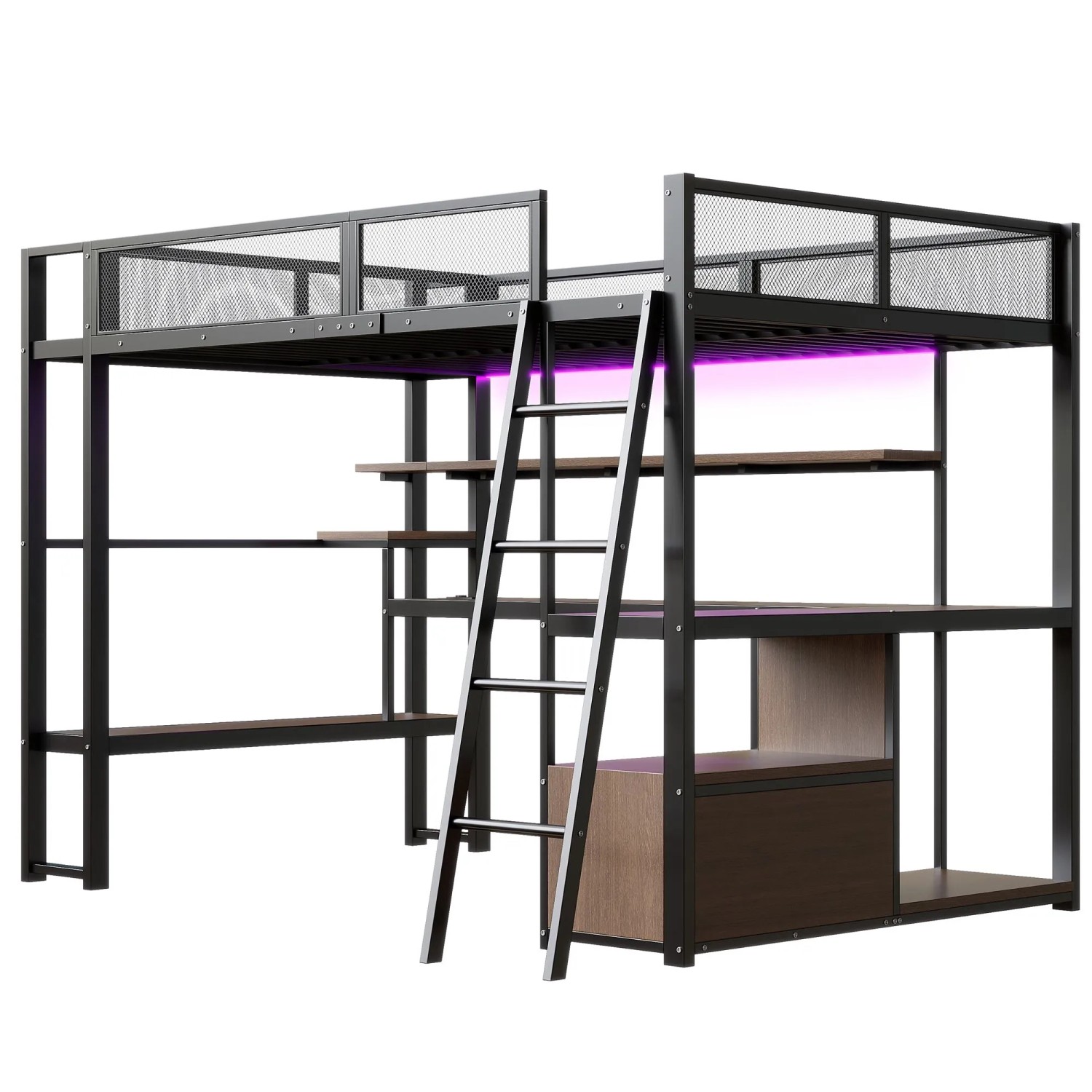 okwish Metall Hochbett 140x200cm mit Arbeitsplatz LED und Stauraum Schwarz ohne Matratze