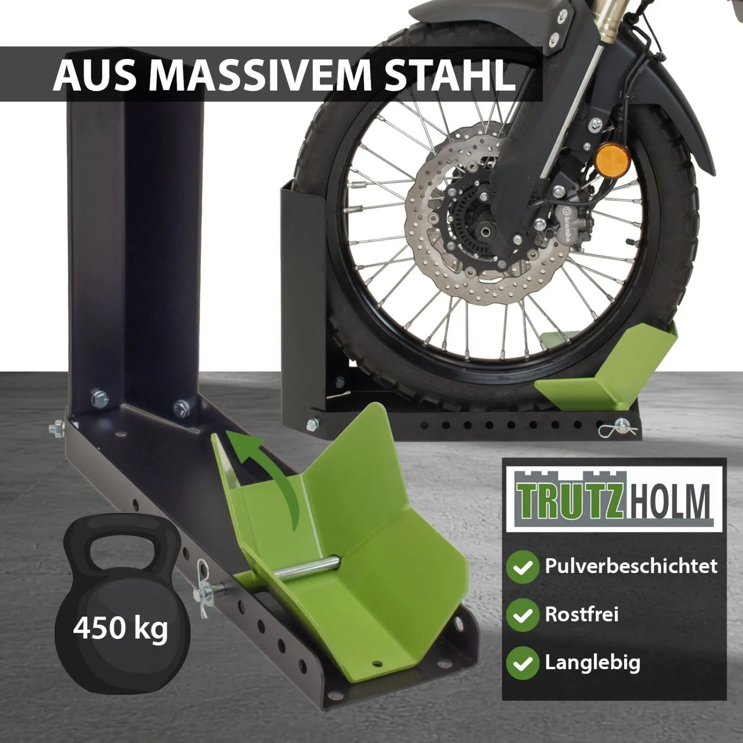 TRUTZHOLM Motorradwippe aus Stahl, 10-fach verstellbar für Radgrößen von 8 bis 24 Zoll.